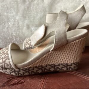 DKNY Neutral Beige Platform Wedge Sandals with Signature Pattern
